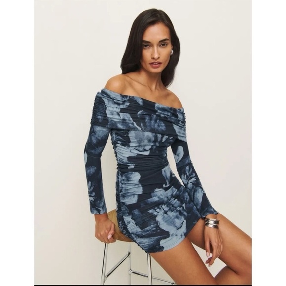 Reformation Dresses & Skirts - NWT Reformation Brooks Knit Dress Mini Long Sleeve Off The Shoulder Blue XS
